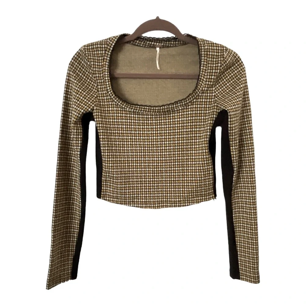 Free People Boston Herringbone Gold Scoop Neck Cropped Long Sleeve Tee‎ S